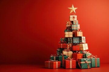 Creative Christmas tree made of stacked gift boxes with a golden star on top, set against a vibrant red background