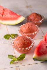 Balls of natural watermelon ice cream