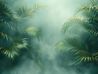 A wall with palm leaves, in a foggy, white background, with ample copy space. 