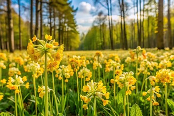 Obraz premium Meadow full of yellow cowslips at the edge of the forest with a tilted angle