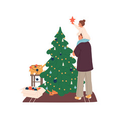 Fototapeta premium Family decorates Christmas tree with ornaments together. Parent, kid preparing to Xmas. Father holds child on shoulder for home decoration at winter holiday. Flat isolated vector illustration on white