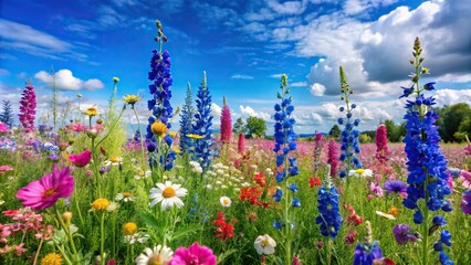 Meadow with a variety of colorful flowers including delphinium, snapdragons, cosmos, and cornflower