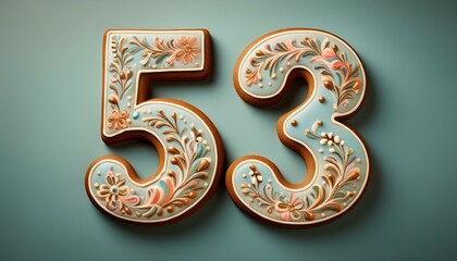 Decorated cookie, number 53, illustration for birthday or anniversary celebration