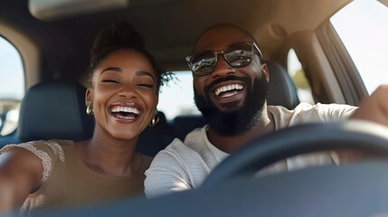 A couple smiling as they drive their new car off the dealership lot, with excitement and pride in their eyes