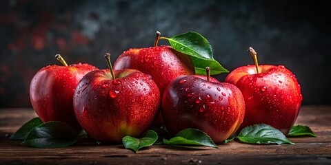 Freshly Washed Apples Glistening with Dewy Drops, Nestled Among Vibrant Green Leaves, on a Rustic Wooden Surface