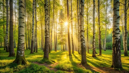 Golden Sunlight Illuminates a Tranquil Birch Forest, Casting Long Shadows Across the Lush Green Grass