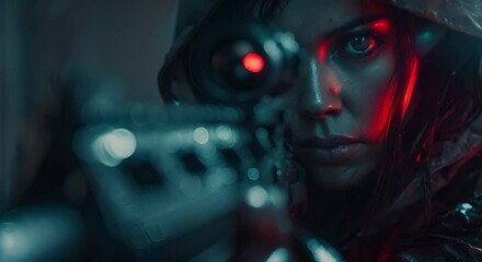 A Woman in a Hood Holds a Gun in a Dark Setting