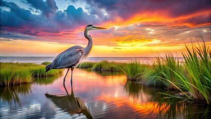Obraz premium Long Exposure Gray Heron in Serene Coastal Marsh at Dusk