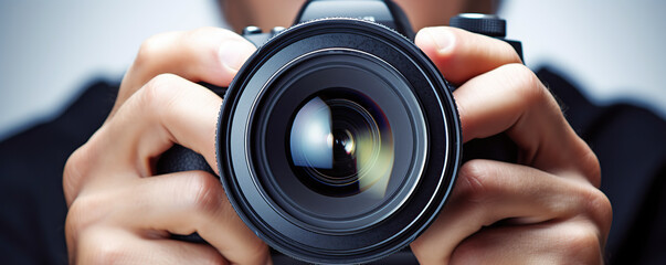 A close-up of hands holding a professional camera lens ready for photography indoors