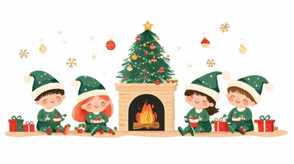Fototapeta premium On Christmas Day, children dressed in Christmas costumes sit by the fire and exchange gifts