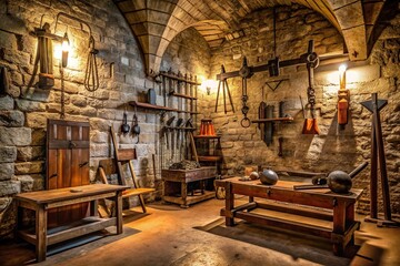 Medieval torture chamber with various tools
