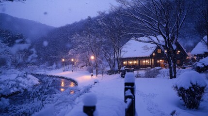 Cozy Snow-Covered Cottage by a River in a Serene Winter Landscape at Dusk with Glowing Street Lamps