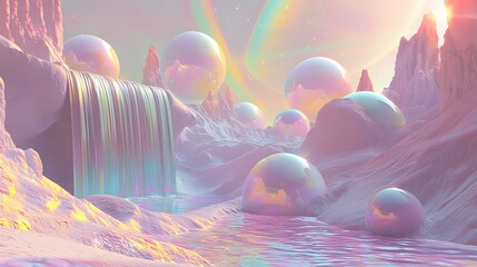 Surreal pastel landscape with waterfall and floating spheres