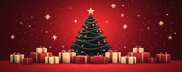 Elegant Christmas tree surrounded by gifts on a red backdrop with stars