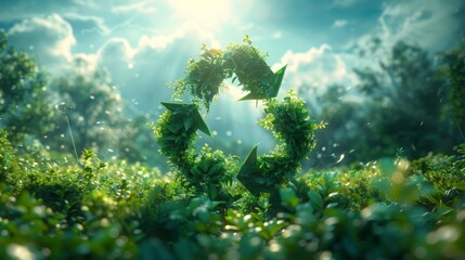 Green recycling symbol made of leaves in a vibrant meadow under sunlight, promoting environmental sustainability, renewable energy, and eco-friendly practices