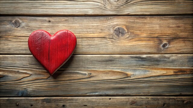 A rustic wooden plank background with a single red heart shape placed on the left side, creating a space for a message of love and affection.