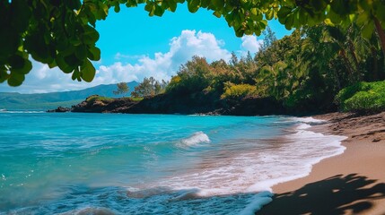 A secluded beach with turquoise waters and gentle waves lapping the shore