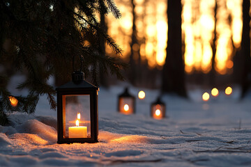 Lanterns glowing in winter forest at twilight