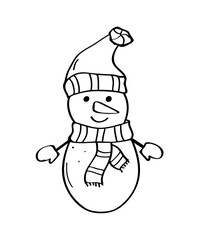 Cute cartoon snowman. Christmas character doodle clip art. Vector illustration Isolated on white