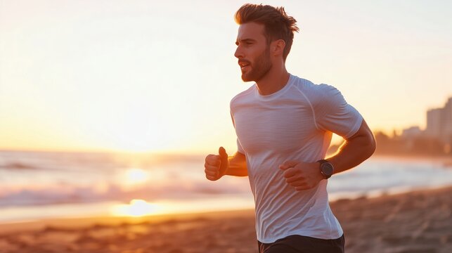A man jogging along the beach at sunset, enjoying a warm evening breeze and the sound of ocean waves