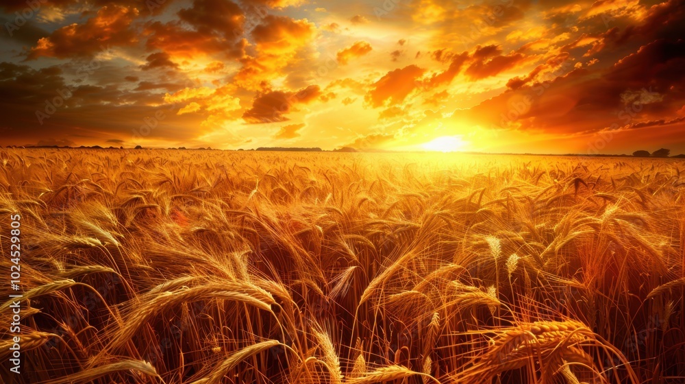 Wall mural Golden Wheat Field at Sunset with Dramatic Sky