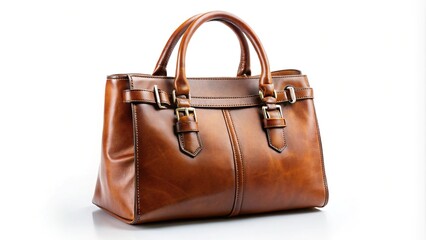 Medium shot brown leather handbag isolated on white background