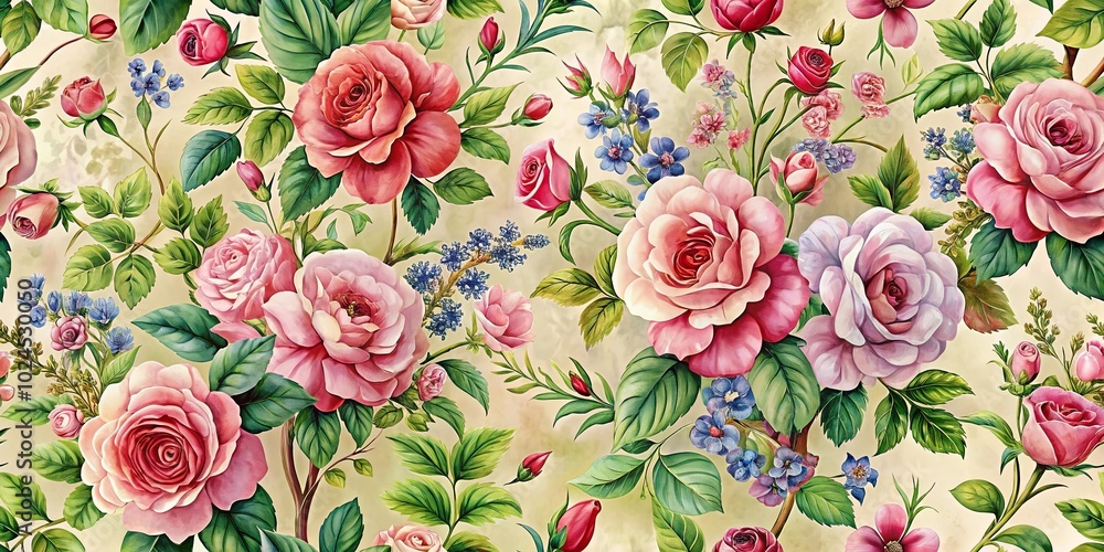 Poster A vibrant symphony of blossoms, each petal meticulously painted in shades of pink and purple, intertwines with lush green foliage, creating a mesmerizing tapestry of floral beauty.