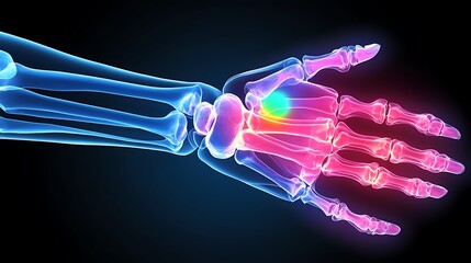 Detailed wrist joint X-ray, pain area depicted with bright green glow, realistic bone outlines, glowing overlay around pain region, smooth shadow gradients for depth,