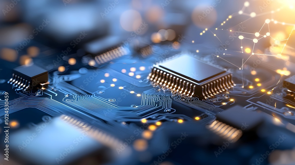 Poster futuristic and intricate digital circuit board with a glowing blue and black color scheme featuring 