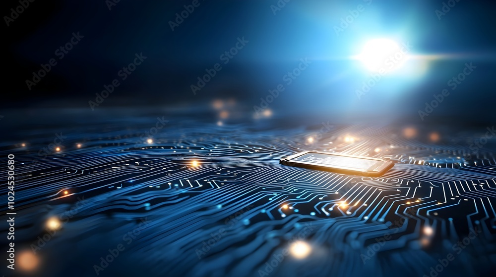 Aufkleber digital network circuit board in blue and black tones with glowing dots and lights creating a futuri