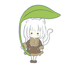 Cat girl under big leaf