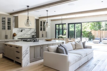 Fototapeta premium A spacious open-concept kitchen and living area, featuring a large kitchen island with a white