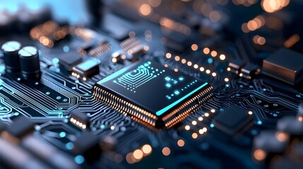Futuristic digital network circuit board with glowing lights and dots in a monochrome blue and black color scheme creating a high tech robotic and abstract background