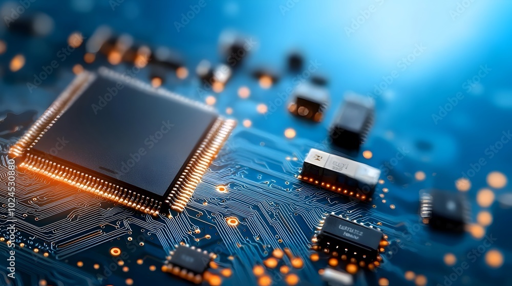 Poster mesmerizing digital circuit board with a dynamic flow of glowing blue and black lights