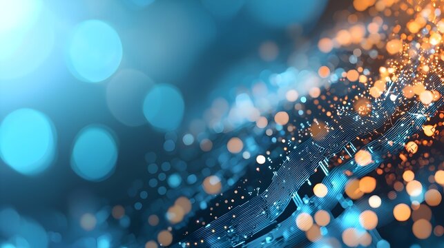A captivating side view of a digital circuit board with a dynamic layout of glowing lights and interconnected dots