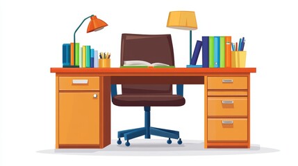 Cartoon Desk with Books  Lamps  and Office Chair
