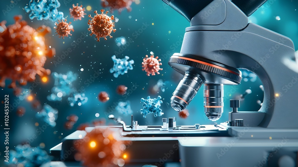 Poster closeup view of various viruses observed under a microscope in a laboratory setting