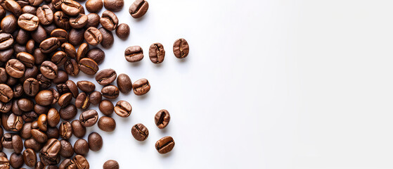 Obraz premium Layout of coffee beans on white background. Flat lay. Top view. Mock-up of coffee for advertising, cafe banner. Generative ai