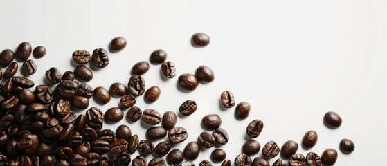 Layout of coffee beans on white background. Flat lay. Top view.  Mock-up of coffee for advertising, cafe banner. Generative ai