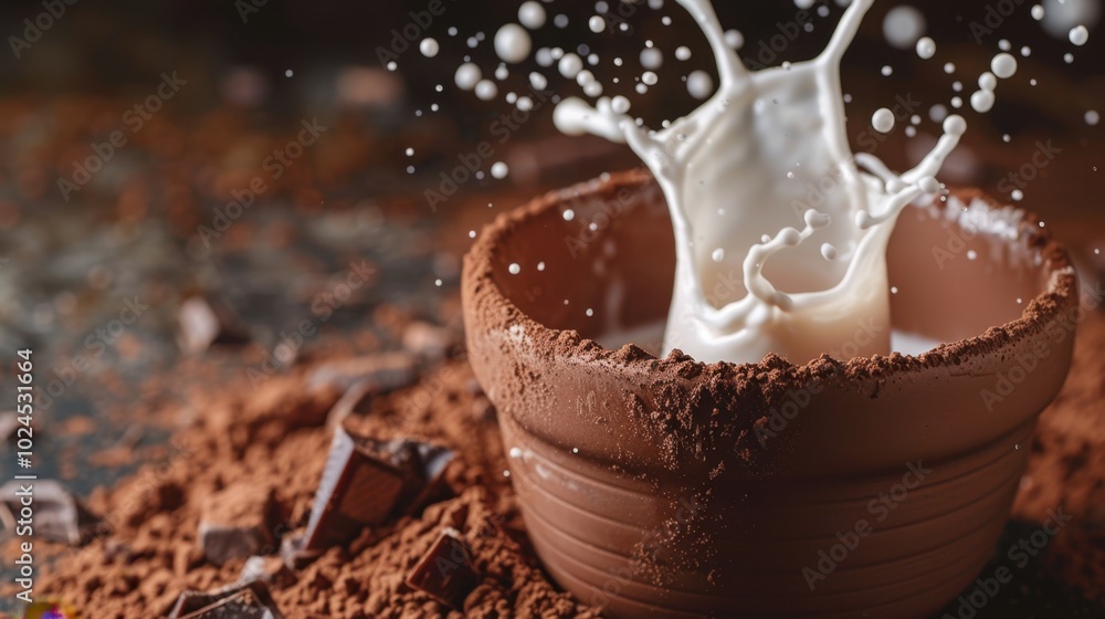 Poster chocolate and milk splash in a rustic setting