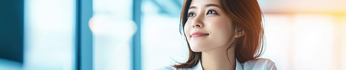Obraz premium A thoughtful young woman gazes out a bright window, exuding serenity and positivity. Her expression captures a moment of reflection and inspiration in a modern office setting.