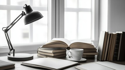 Desk Lamp  Open Book  Coffee Cup  Stack of Books  Study Space  Home Office  Workspace  Edu