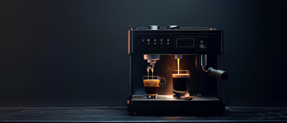 Minimal mockup with coffee brewing at coffee machine on black background. Pouring espresso. Coffee shop, cafe illustration. Copy space. Generative ai