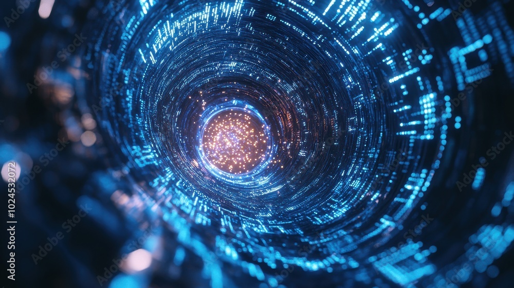 Poster a tunnel-like structure composed of intricate blue circuitry patterns, converging towards a glowing