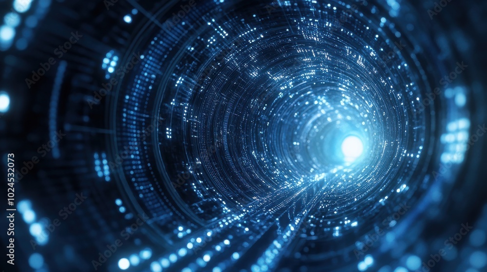 Poster a tunnel-like structure composed of intricate blue circuitry patterns, converging towards a glowing