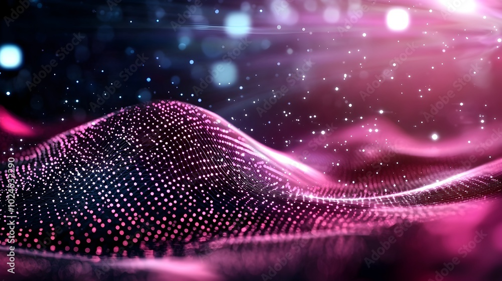 Poster abstract digital background featuring a dynamic wave of flowing data particles transforming and movi