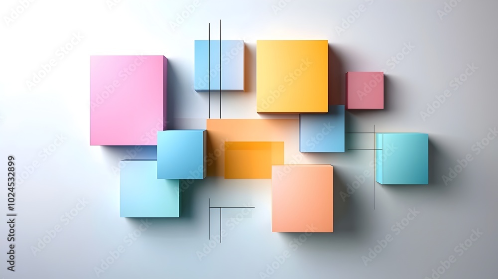 Poster captivating geometric shapes with shimmering light reflections in vivid tetradic color scheme for mo