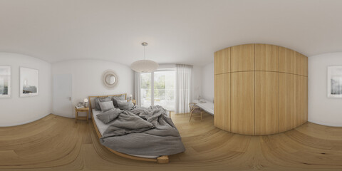 360° panorama modern bedroom interior rendering showcase.