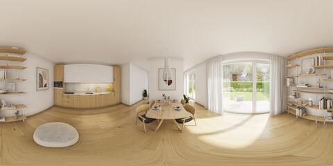 360° panorama modern living room interior rendering showcase.