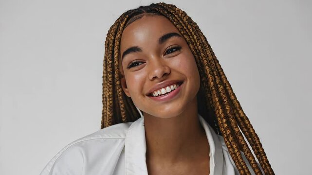 Smiling Black woman with braided hair, dark skin, white outfit on white background, closeup